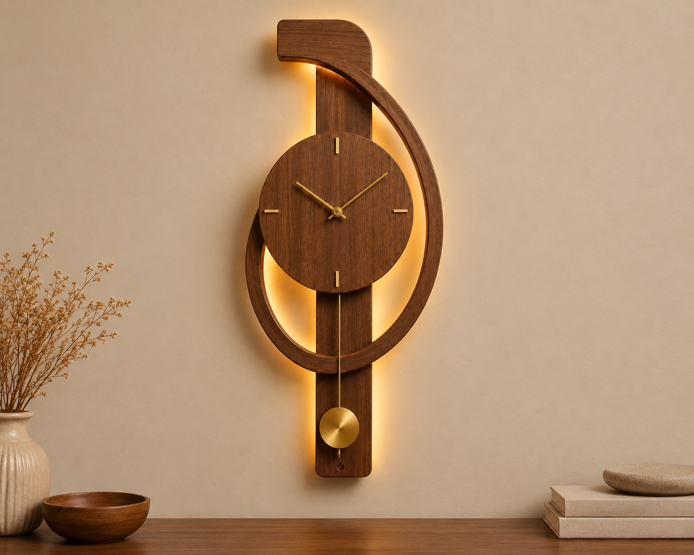 Walnut Pendulum Wall Clock with LED Backlight – Modern Crescent Design