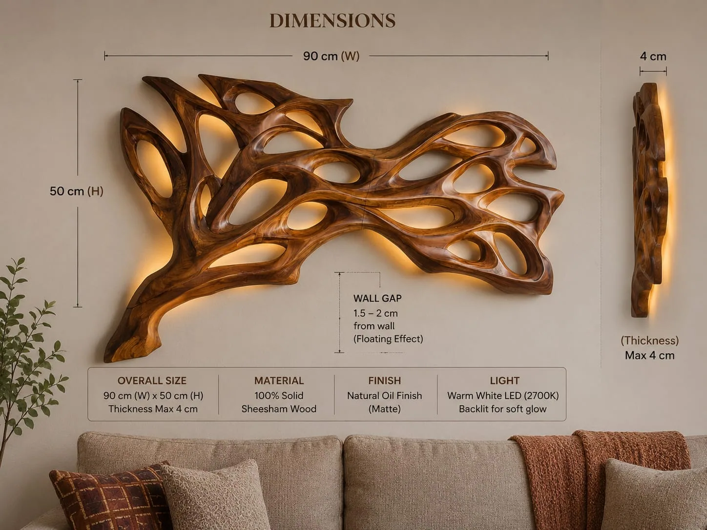 Carved wooden wall sculpture with open organic cells and warm LED backlight above a beige sofa