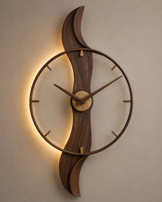 Wooden wall clock with open ring dial and carved crescent glowing with warm LED light