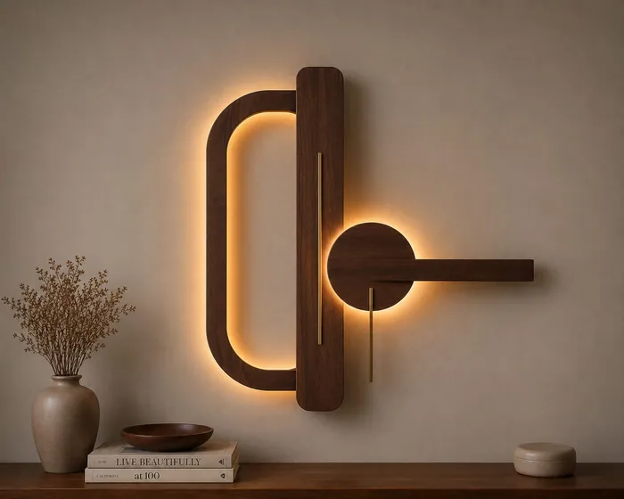 Wooden wall lamp made of an arch, vertical bar and disc with warm LED light behind each shape