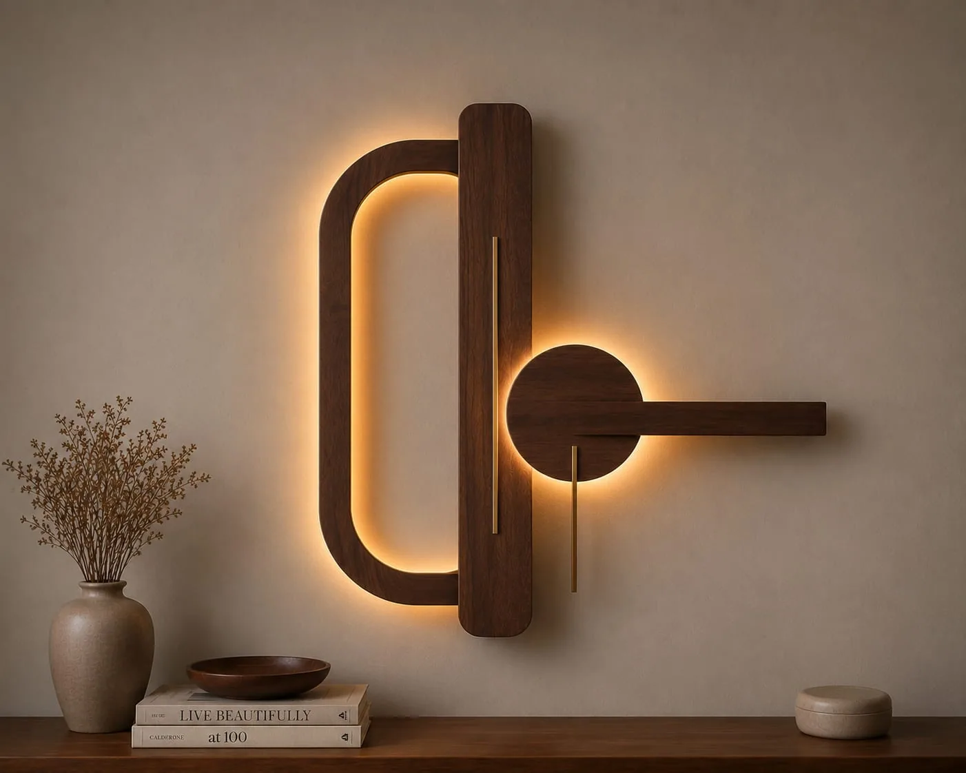 Wooden wall lamp made of an arch, vertical bar and disc with warm LED light behind each shape