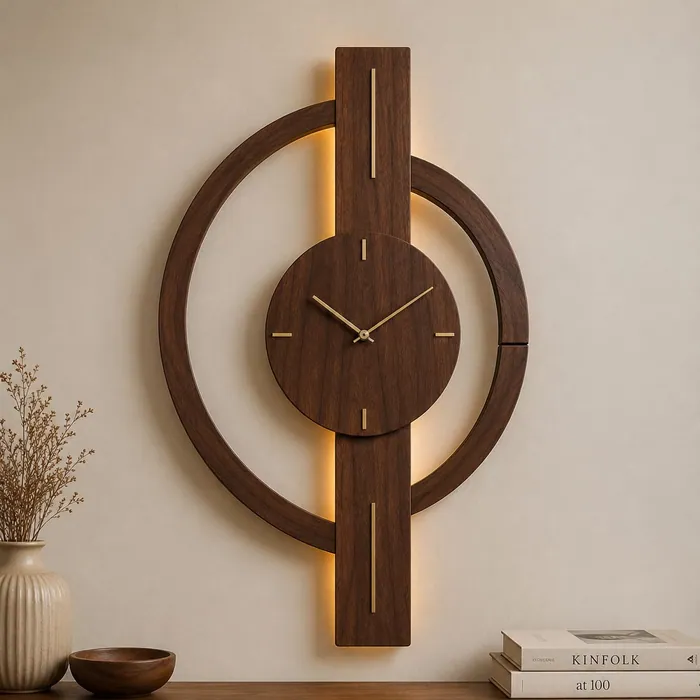 Tall wooden wall clock with two rings, brass hands and warm LED glow behind the centre bar