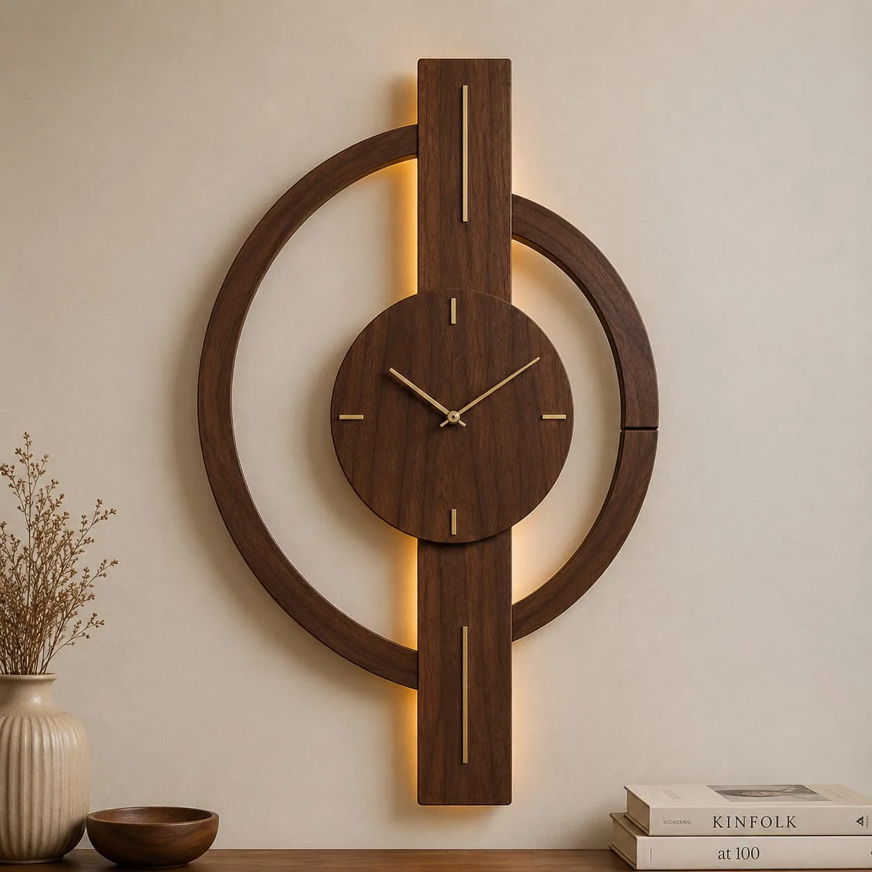 Tall wooden wall clock with two rings, brass hands and warm LED glow behind the centre bar