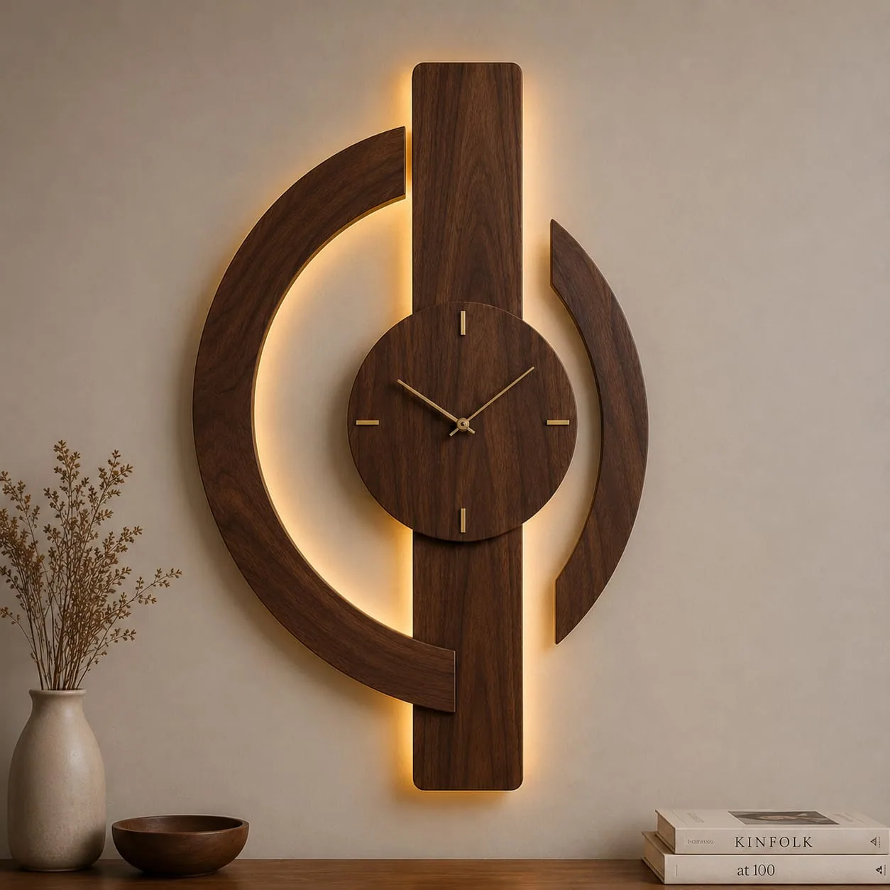 Wooden wall clock with two curved arcs, brass dial markers and warm LED light behind the centre bar