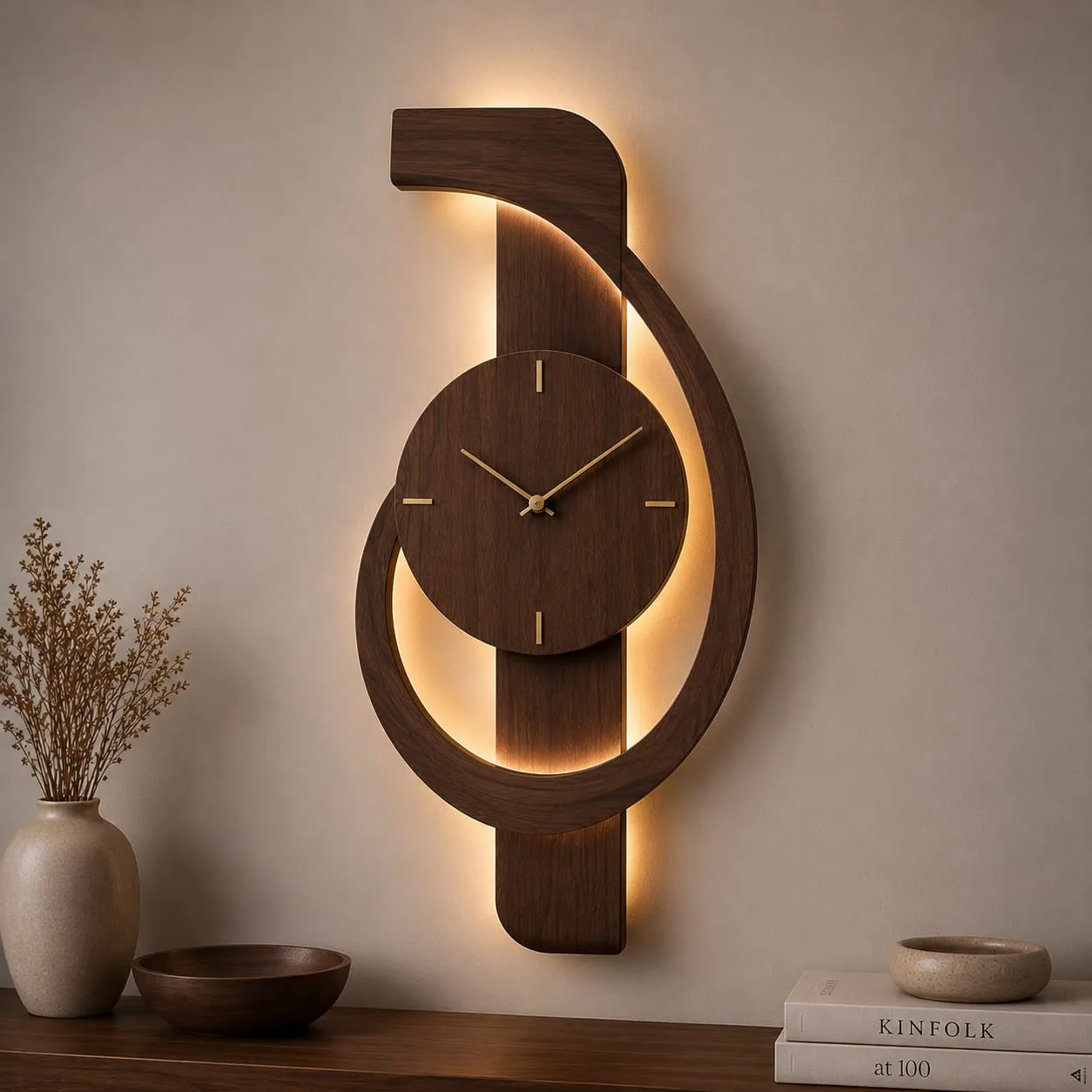 Sculptural wooden wall clock with a hooked curve, low ring and warm LED backlight