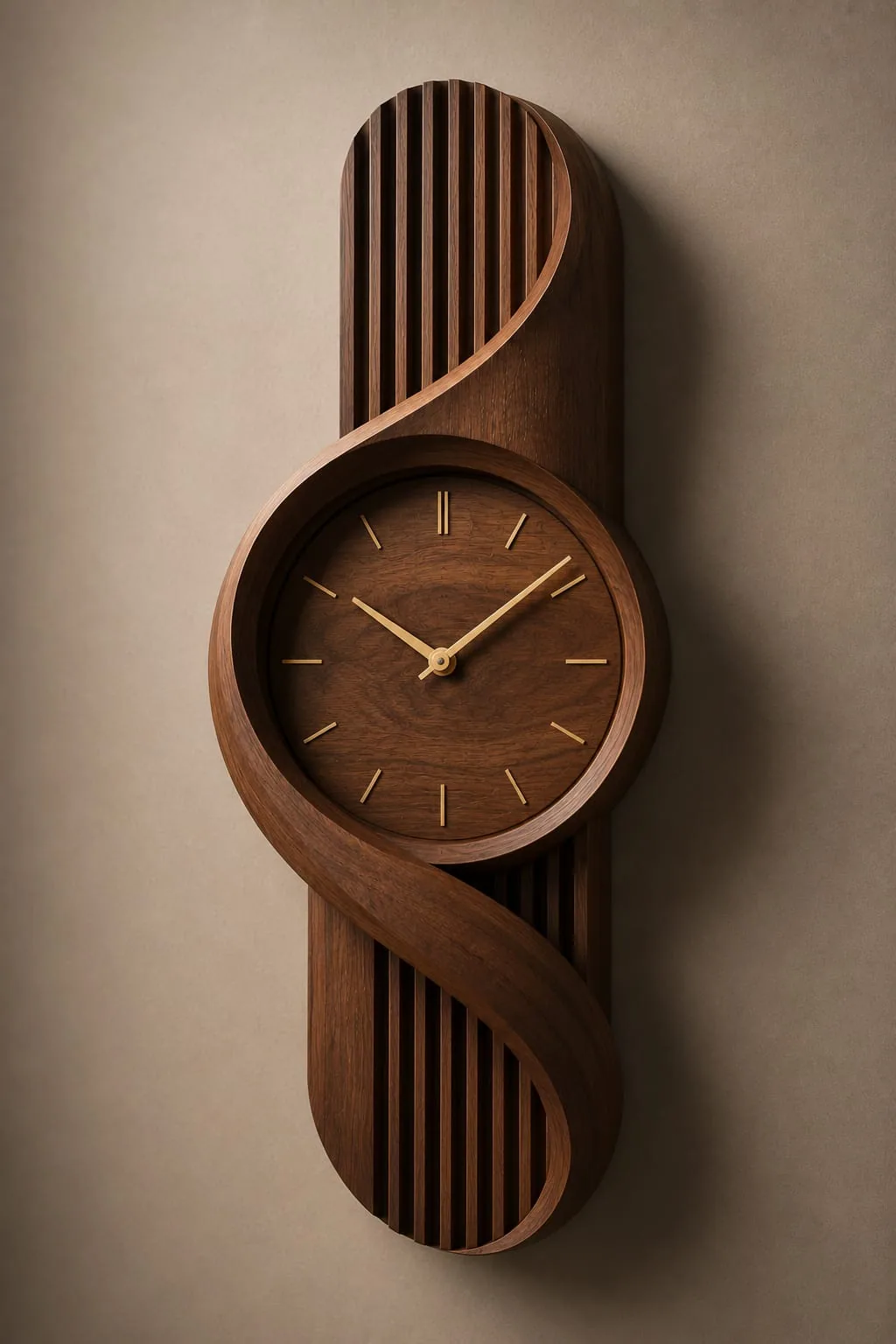 Wooden wall clock with a carved ribbon curving over a slatted panel and a brass-marked dial
