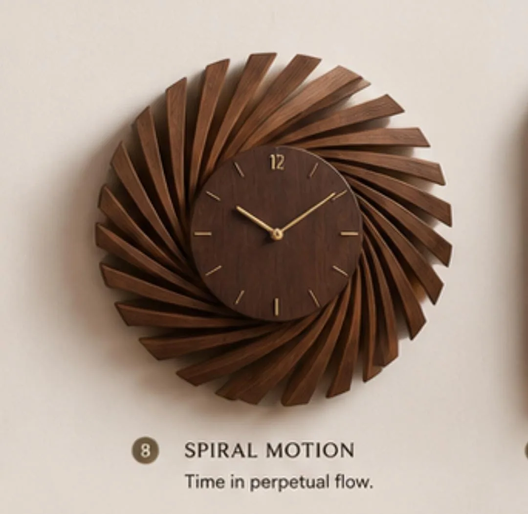 Round wooden wall clock with spiralling tapered blades around a dial with brass hands
