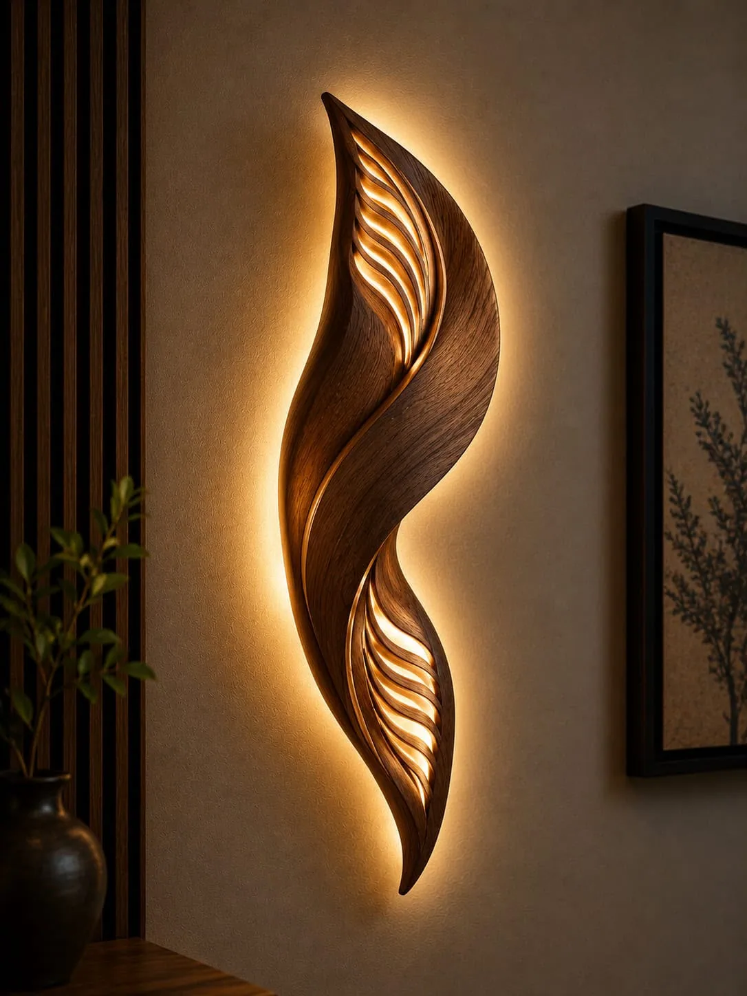 Tall carved wooden wall lamp shaped like a twisting flame with warm light through ribbed cut-outs