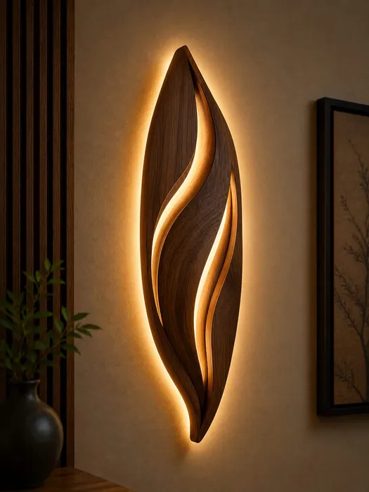 Leaf-shaped wooden wall lamp with layered curves and warm LED light glowing between them