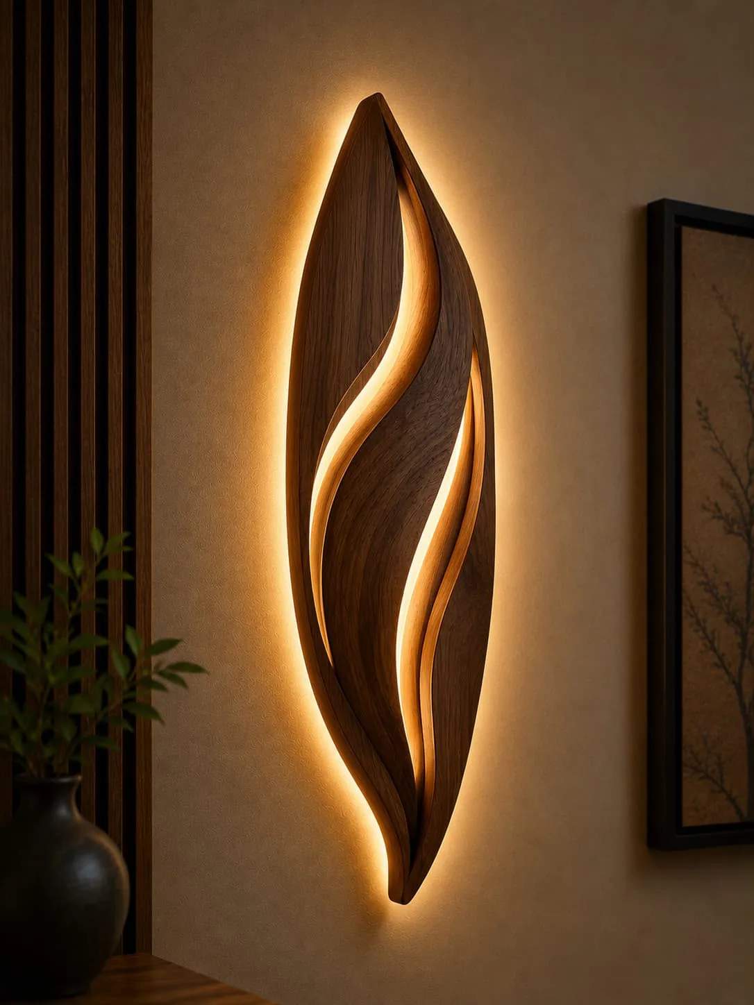 Leaf-shaped wooden wall lamp with layered curves and warm LED light glowing between them