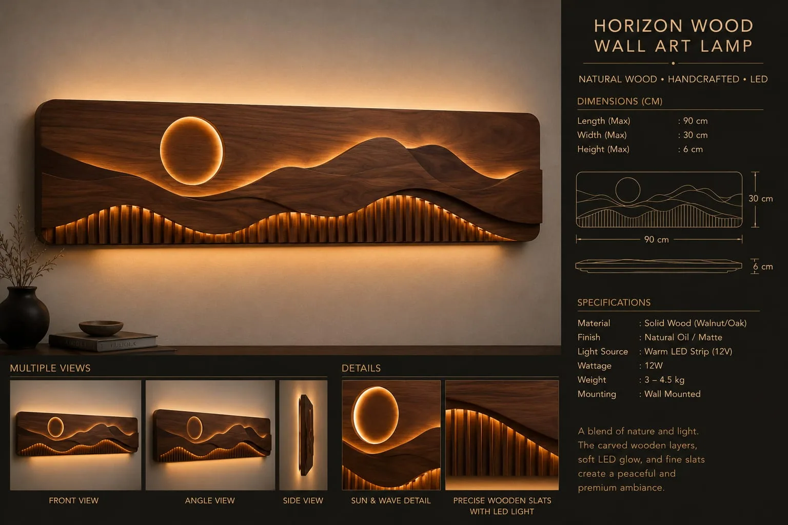 Carved wooden landscape wall lamp with layered hills, a glowing sun and lit vertical slats