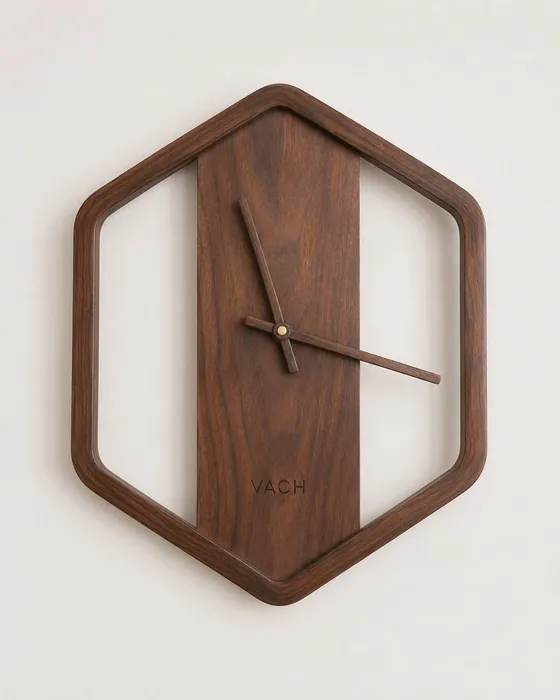 Hexagonal wooden wall clock with an open face and wooden hands on a vertical band
