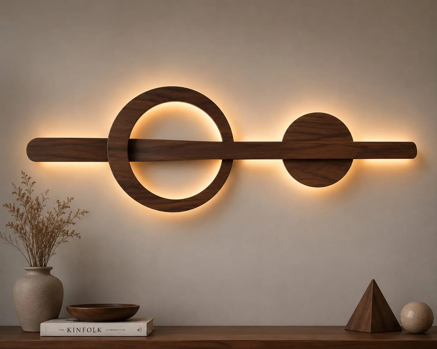 Long wooden wall lamp with a bar passing through a glowing ring and disc