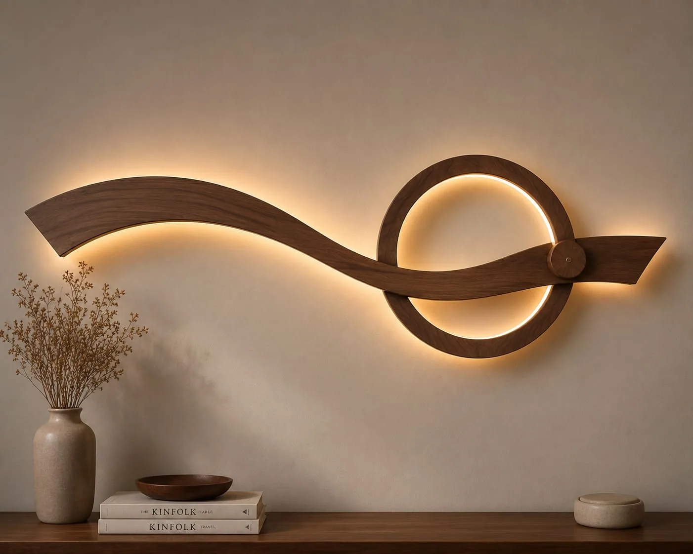 Long curved wooden ribbon wall lamp passing through a glowing ring with warm LED light