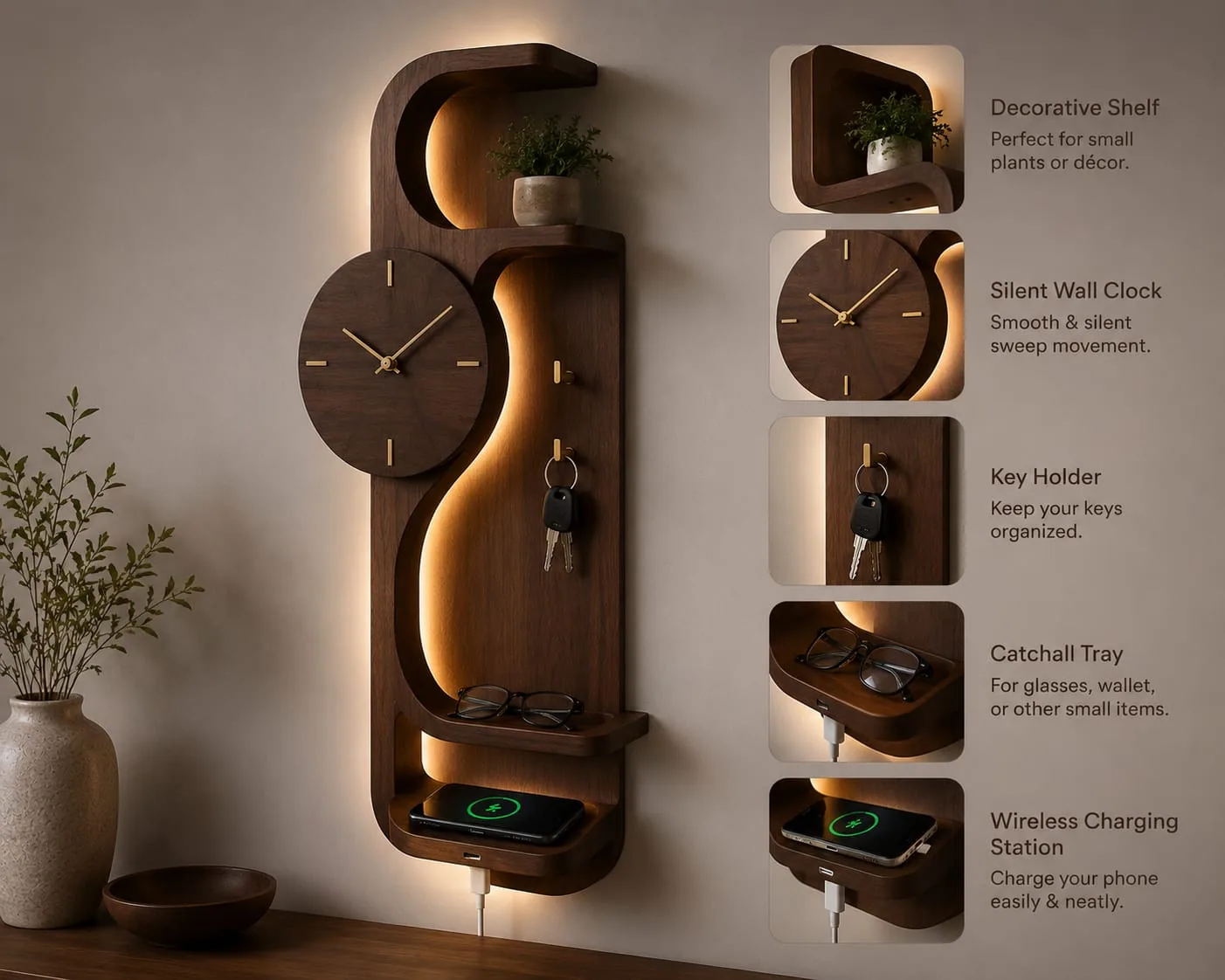 Lit wooden wall panel with a clock, shelf, key hooks, tray and wireless phone charger