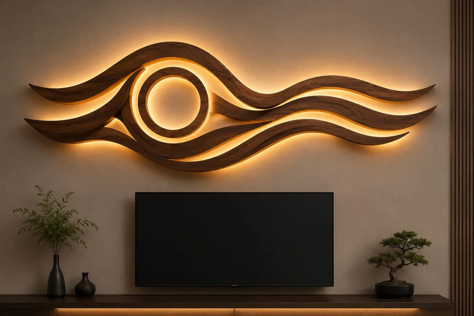 Large carved wooden wall sculpture of waves and a glowing sun above a television