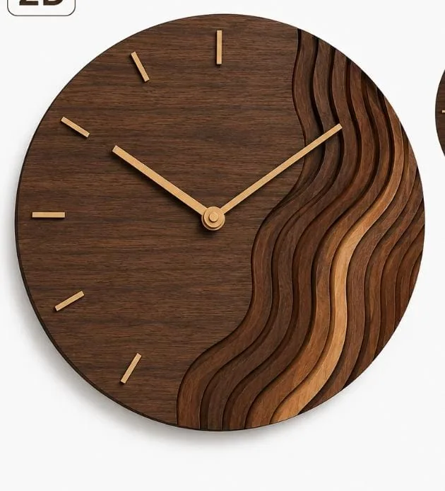 Round wooden wall clock with layered carved waves on one half of the dial and brass hands