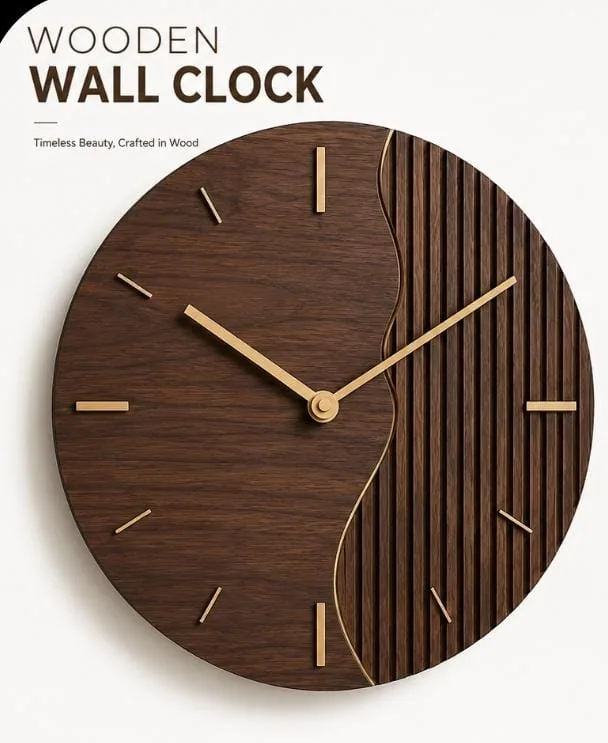 Round wooden wall clock with fine vertical slats on one half and brass hands