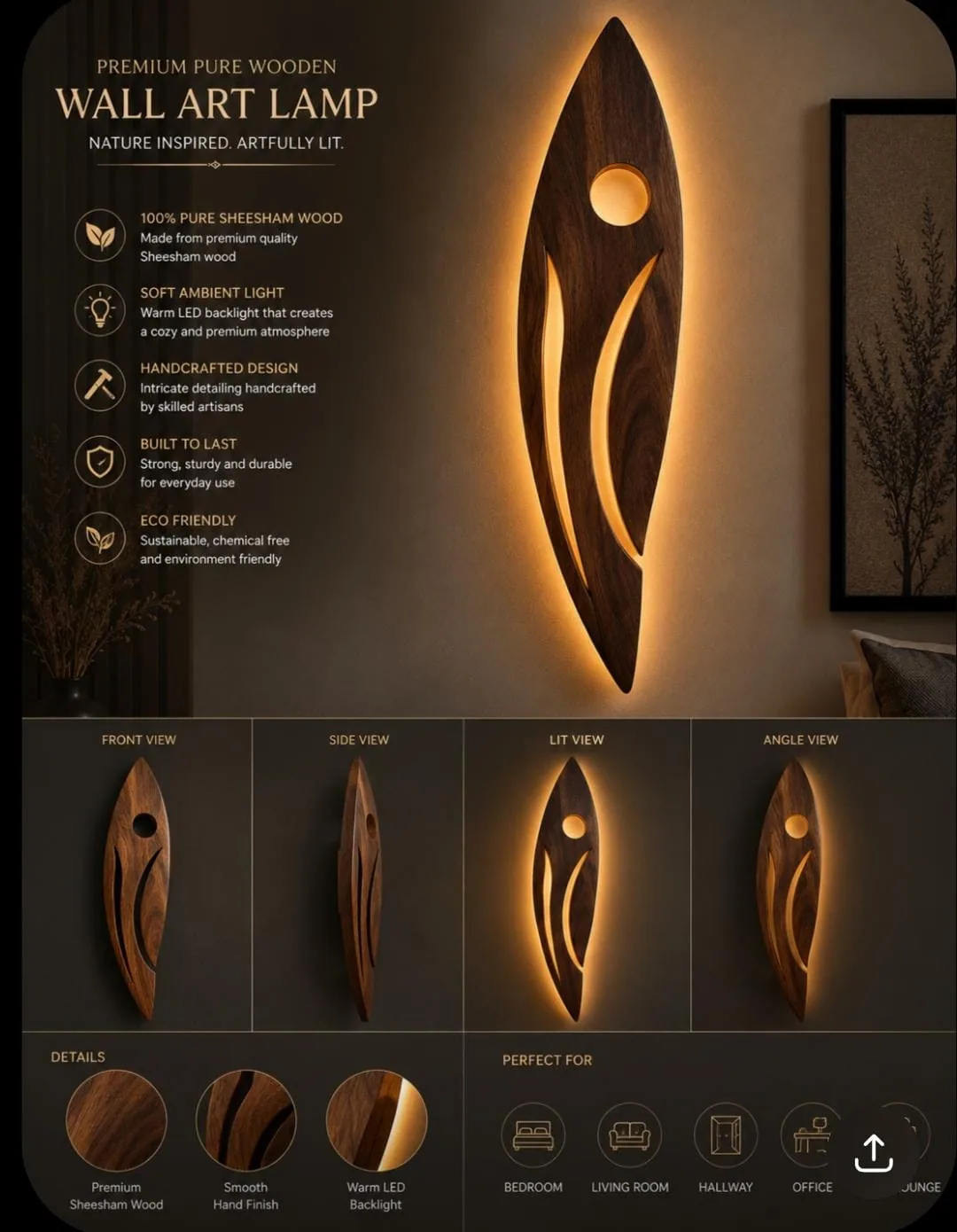 Tall solid Sheesham wall lamp with a round cut-out and curved slots glowing with warm light