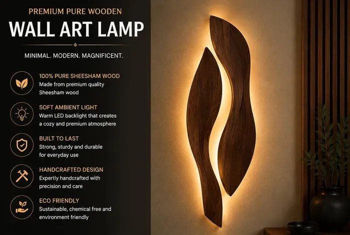 Two curved Sheesham petals on a wall with warm LED light glowing in the gap between them