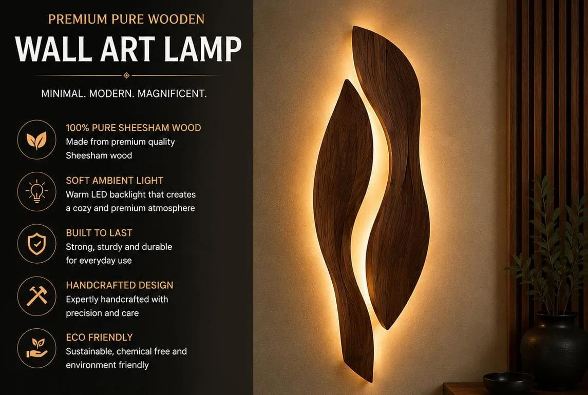 Two curved Sheesham petals on a wall with warm LED light glowing in the gap between them