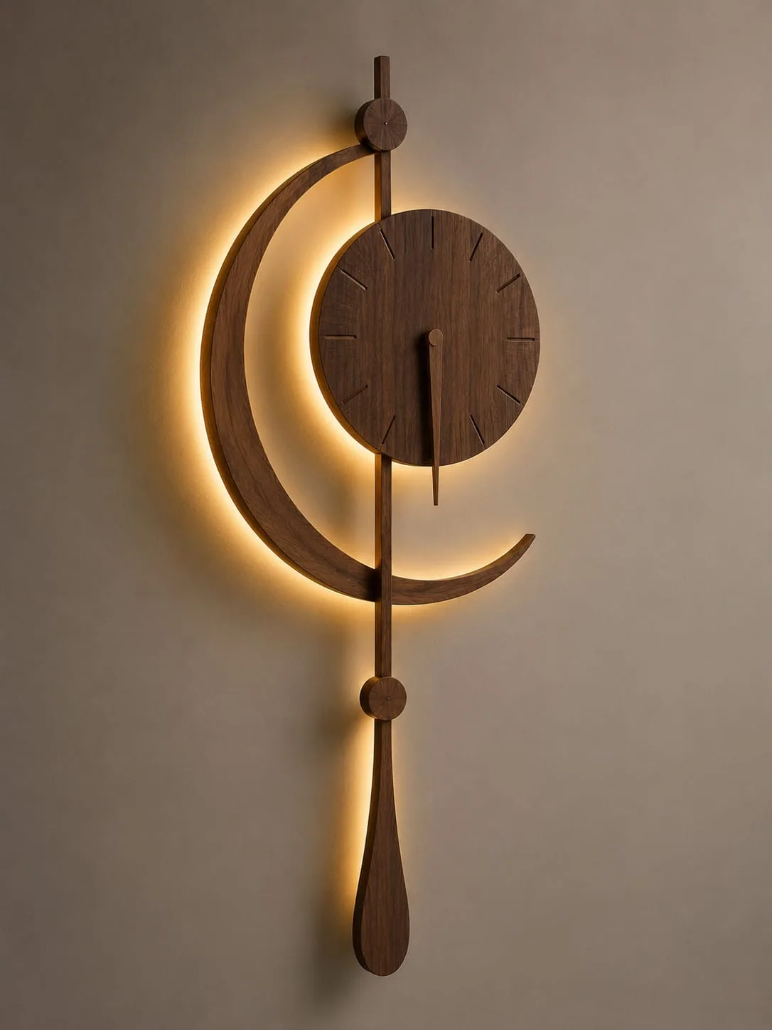 Wooden pendulum wall clock with a backlit crescent moon and hanging teardrop pendulum