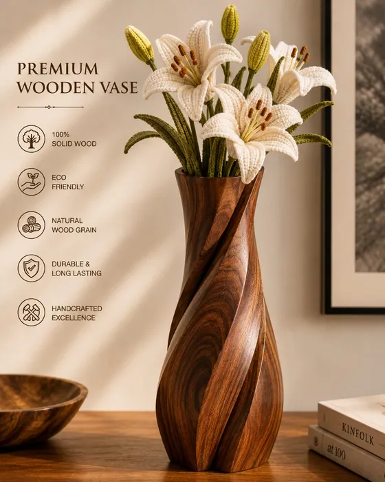 Hand-carved twisted Sheesham wooden vase holding white crochet lilies on a console table