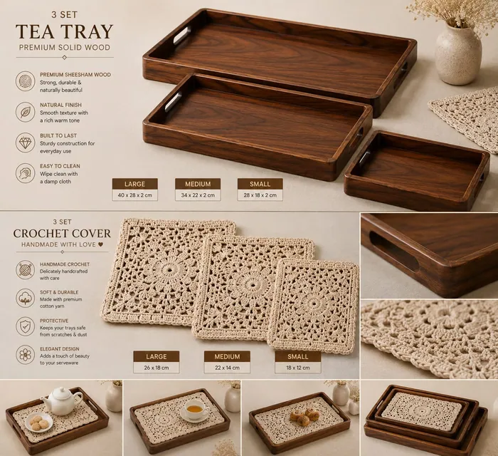 Set of three Sheesham wooden serving trays with cut-in handles and handmade crochet covers
