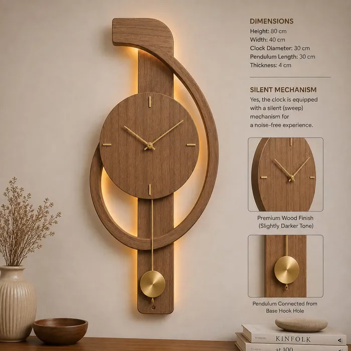 Wooden wall clock with a hooked arc, ring, brass pendulum and warm LED backlight