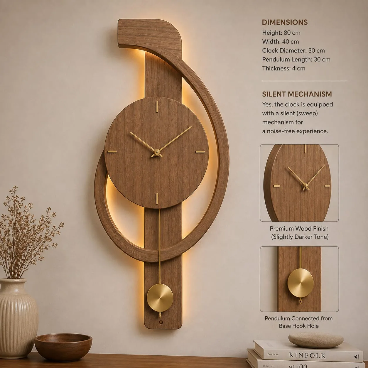 Wooden wall clock with a hooked arc, ring, brass pendulum and warm LED backlight