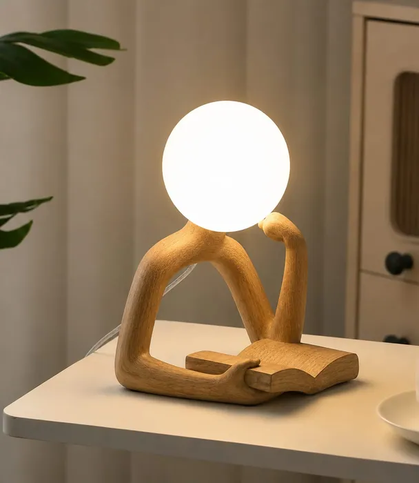 Carved wooden figure table lamp reading a book with a frosted glass globe for a head