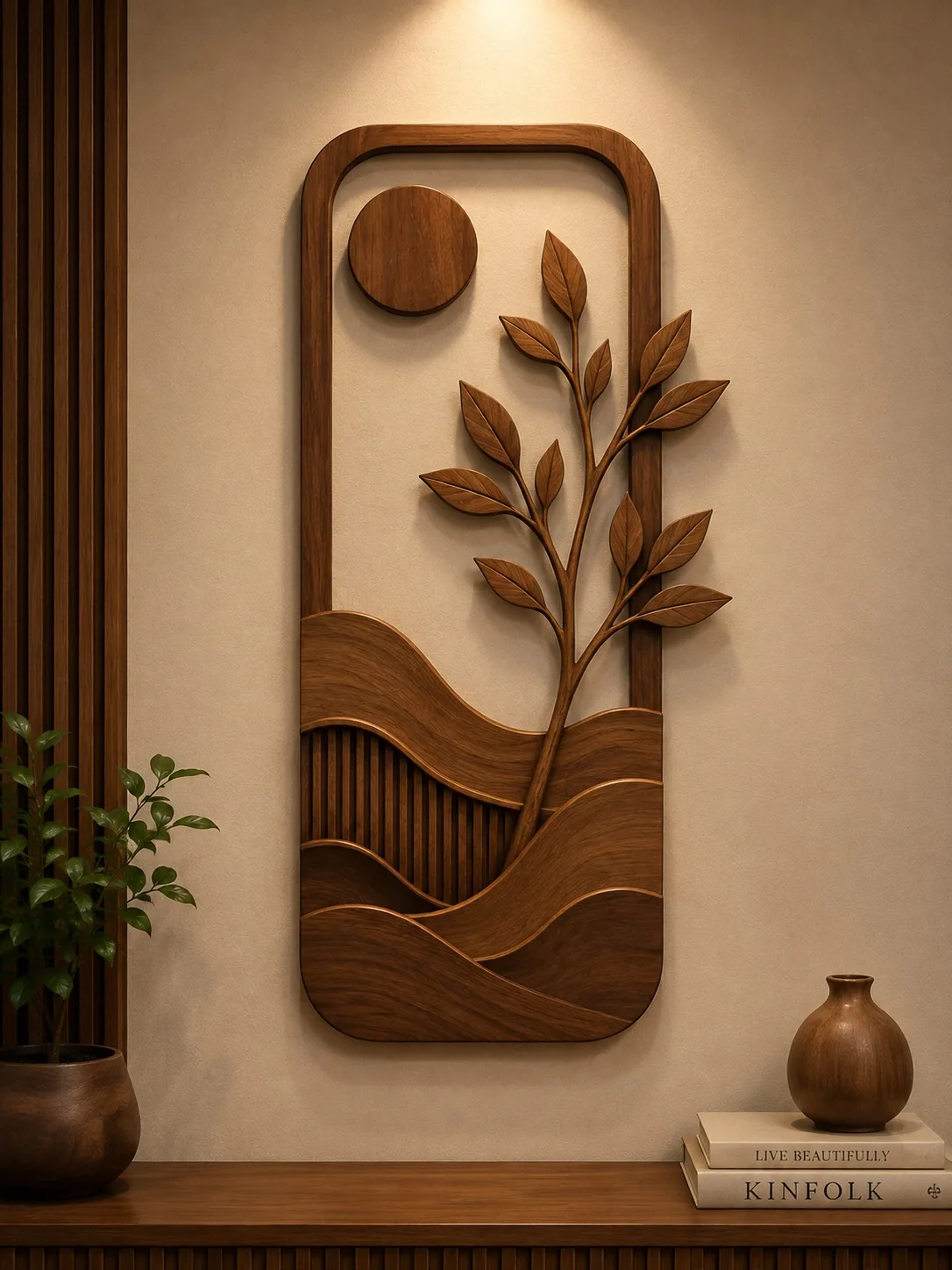 Framed carved wooden wall panel with a sun, layered hills, fluted slats and a branch of leaves