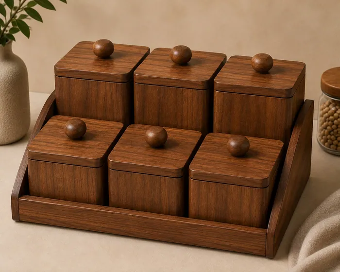Set of six lidded wooden spice canisters with turned knobs in a tilted wooden tray