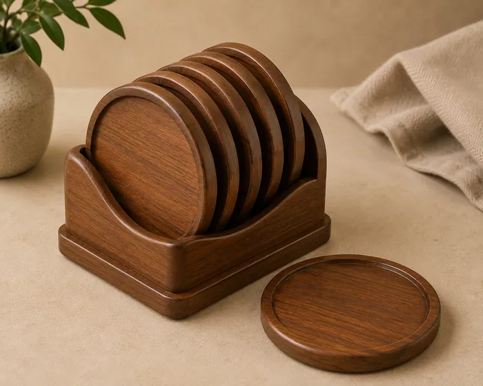 Six round wooden coasters with recessed rims stacked in a curved wooden holder