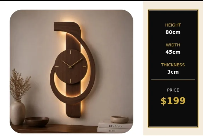 Sculptural wooden wall clock with a hooked curve, low ring and warm LED backlight