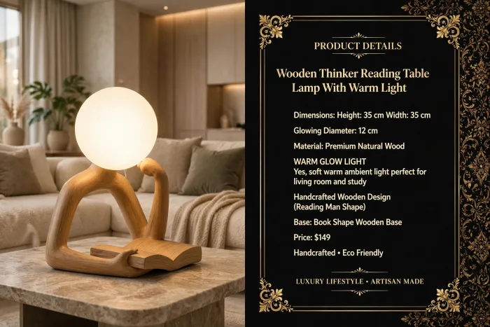 Carved wooden figure table lamp reading a book with a frosted glass globe for a head