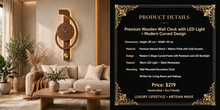 Walnut pendulum wall clock with crescent frame, brass hands and warm LED backlight on a beige wall
