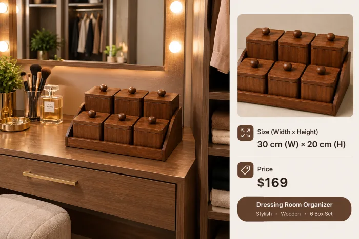 Set of six lidded wooden spice canisters with turned knobs in a tilted wooden tray