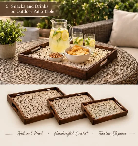 Set of three Sheesham wooden serving trays with cut-in handles and handmade crochet covers