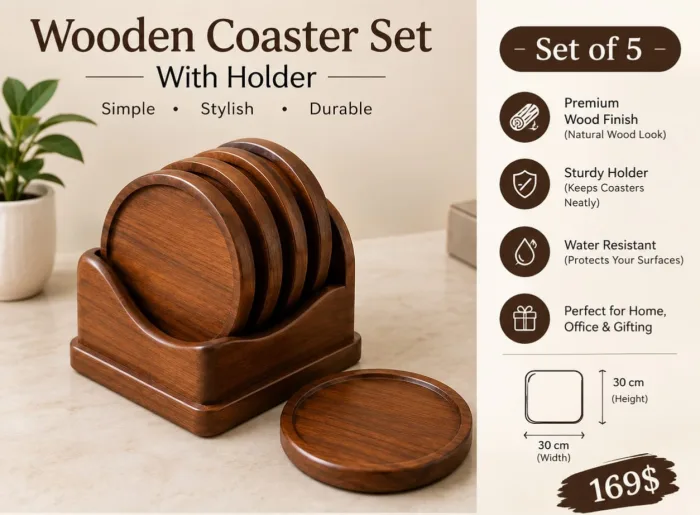 Six round wooden coasters with recessed rims stacked in a curved wooden holder