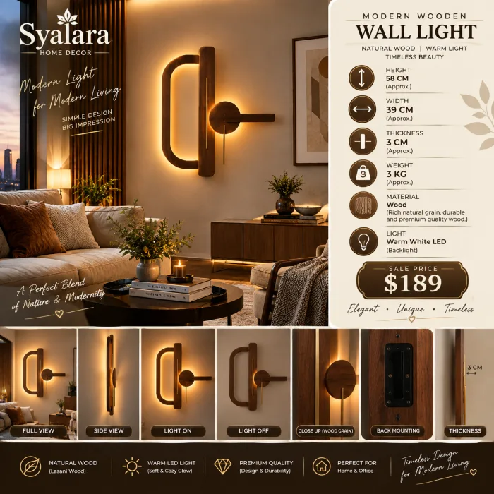 Wooden wall lamp made of an arch, vertical bar and disc with warm LED light behind each shape