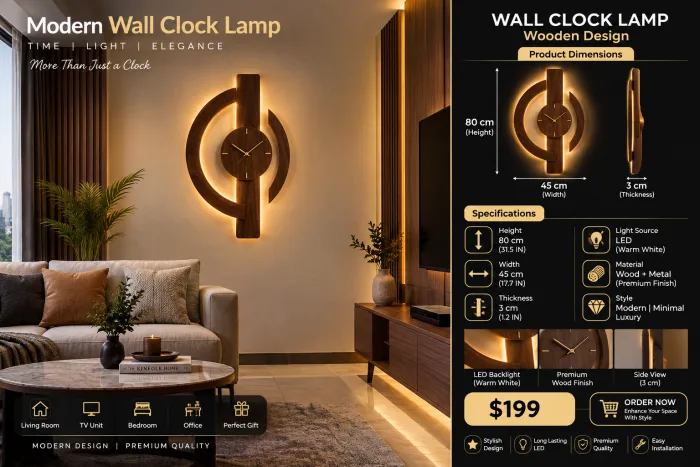 Wooden wall clock with two curved arcs, brass dial markers and warm LED light behind the centre bar