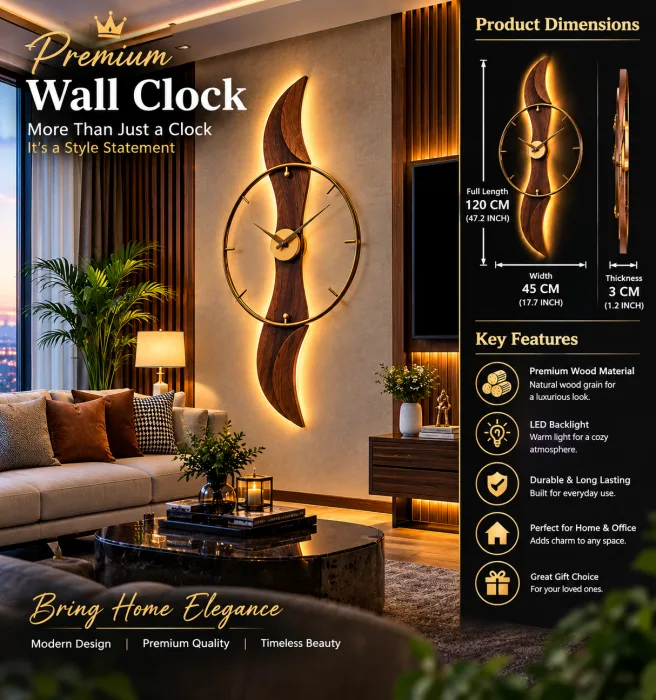 Wooden wall clock with open ring dial and carved crescent glowing with warm LED light