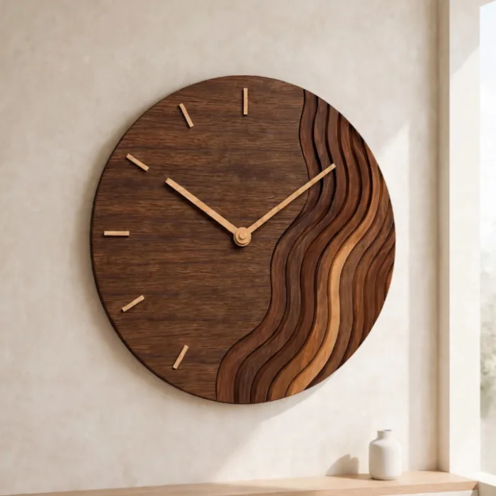Round wooden wall clock with layered carved waves on one half of the dial and brass hands
