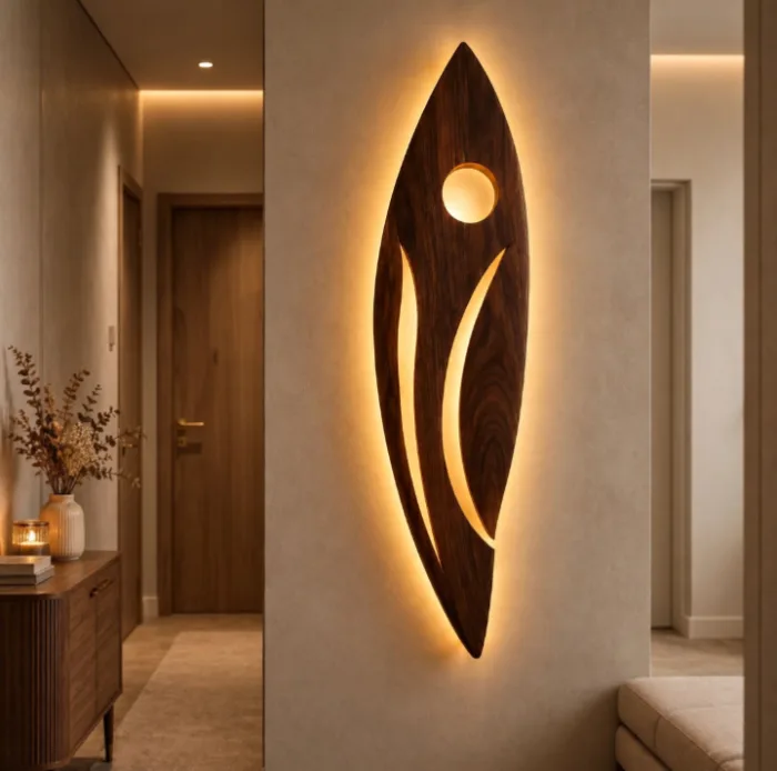 Tall solid Sheesham wall lamp with a round cut-out and curved slots glowing with warm light