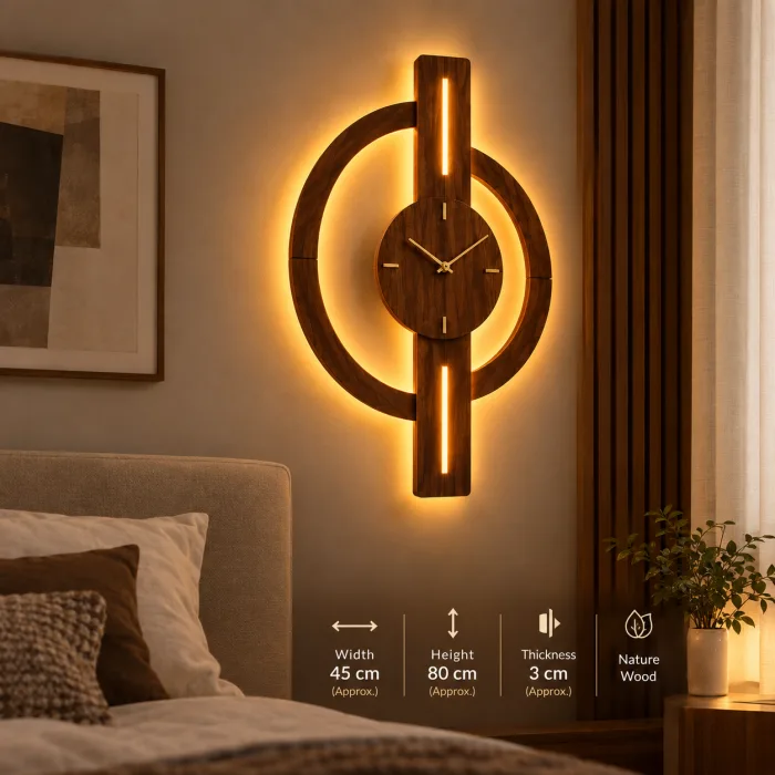 Tall wooden wall clock with two rings, brass hands and warm LED glow behind the centre bar
