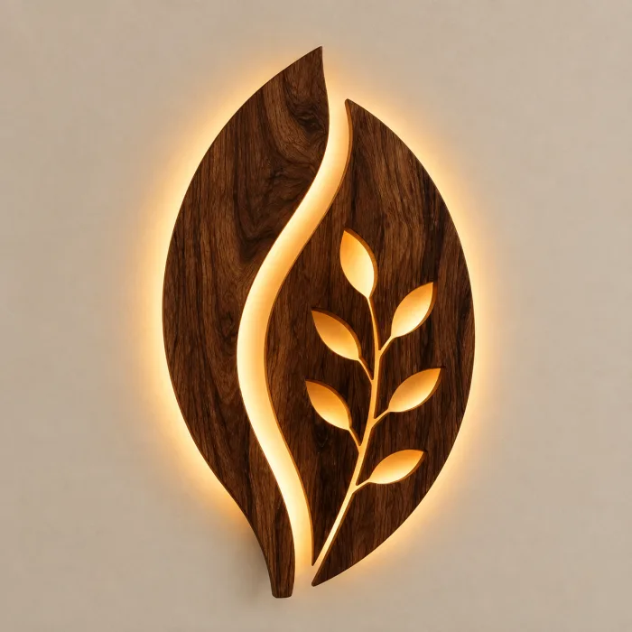Carved wooden leaf wall lamp with a branch of cut-out leaves glowing with warm LED light