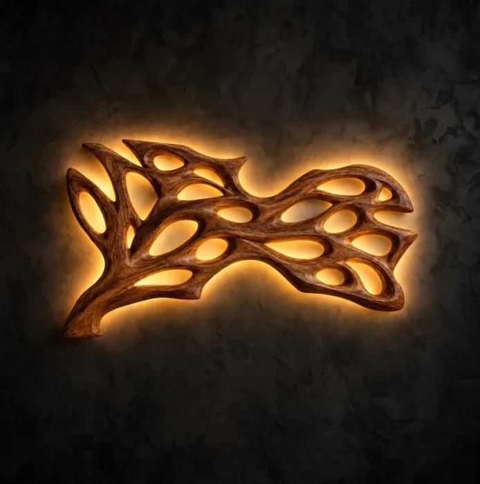 Carved wooden wall sculpture with open organic cells and warm LED backlight above a beige sofa