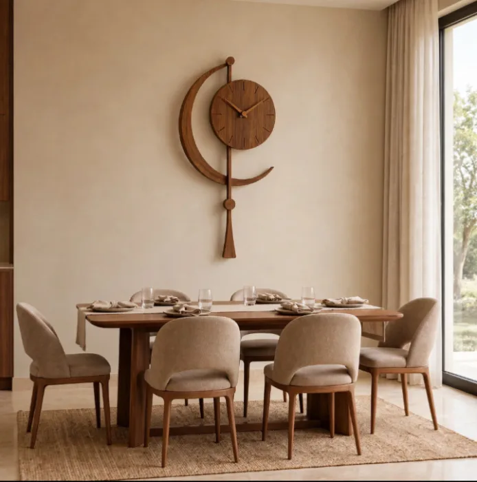 Wooden pendulum wall clock with a backlit crescent moon and hanging teardrop pendulum