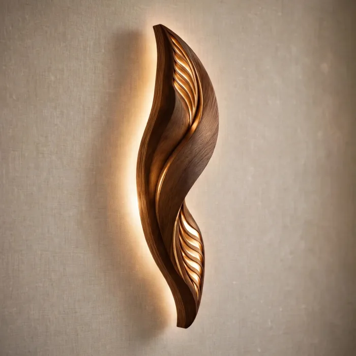 Tall carved wooden wall lamp shaped like a twisting flame with warm light through ribbed cut-outs
